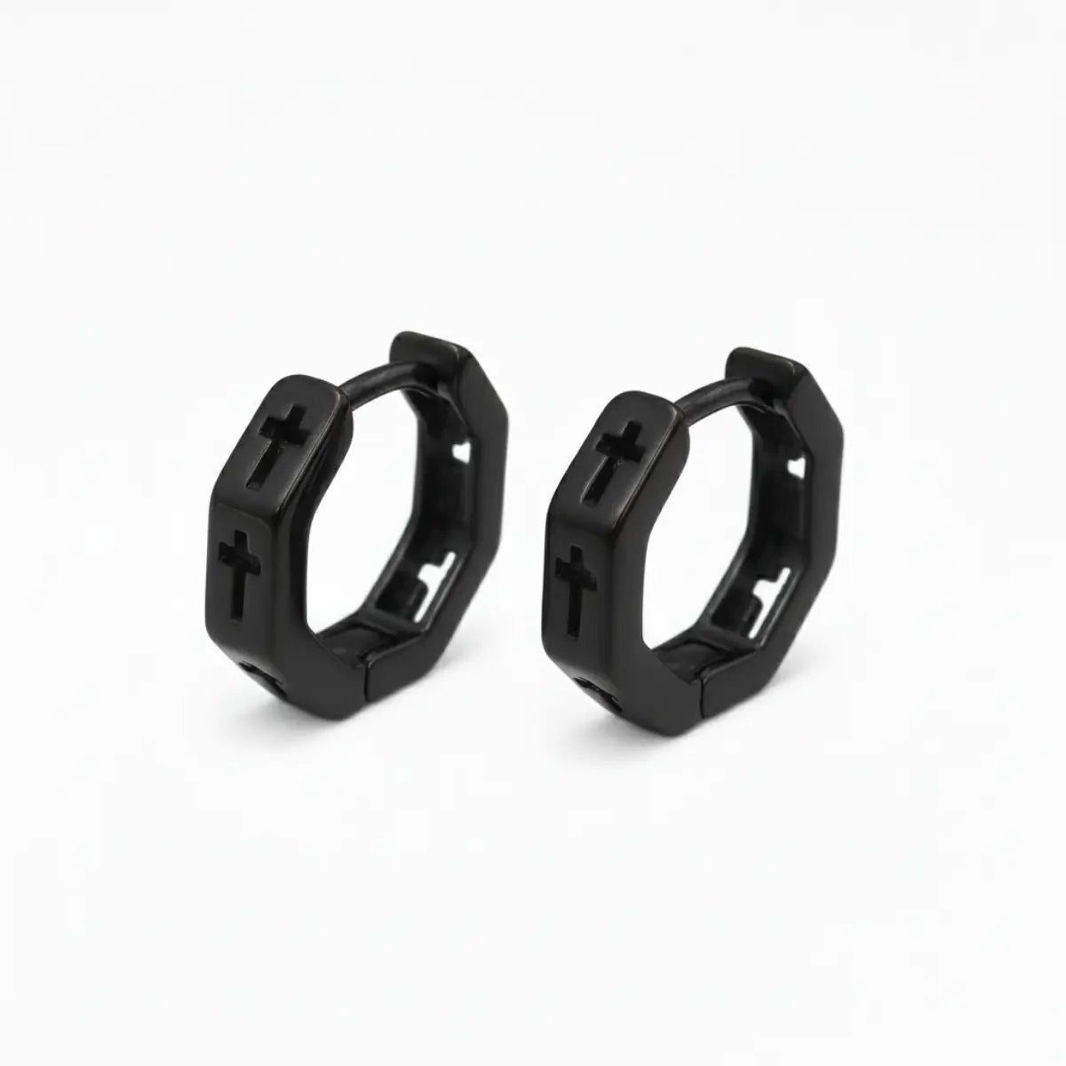 Hexagon Cross Huggie Hoop Earrings Black Front