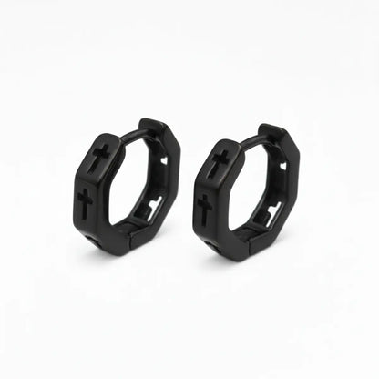 Hexagon Cross Huggie Hoop Earrings Black Front