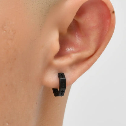 Hexagon Cross Huggie Hoop Earrings Black Worn by Male Model