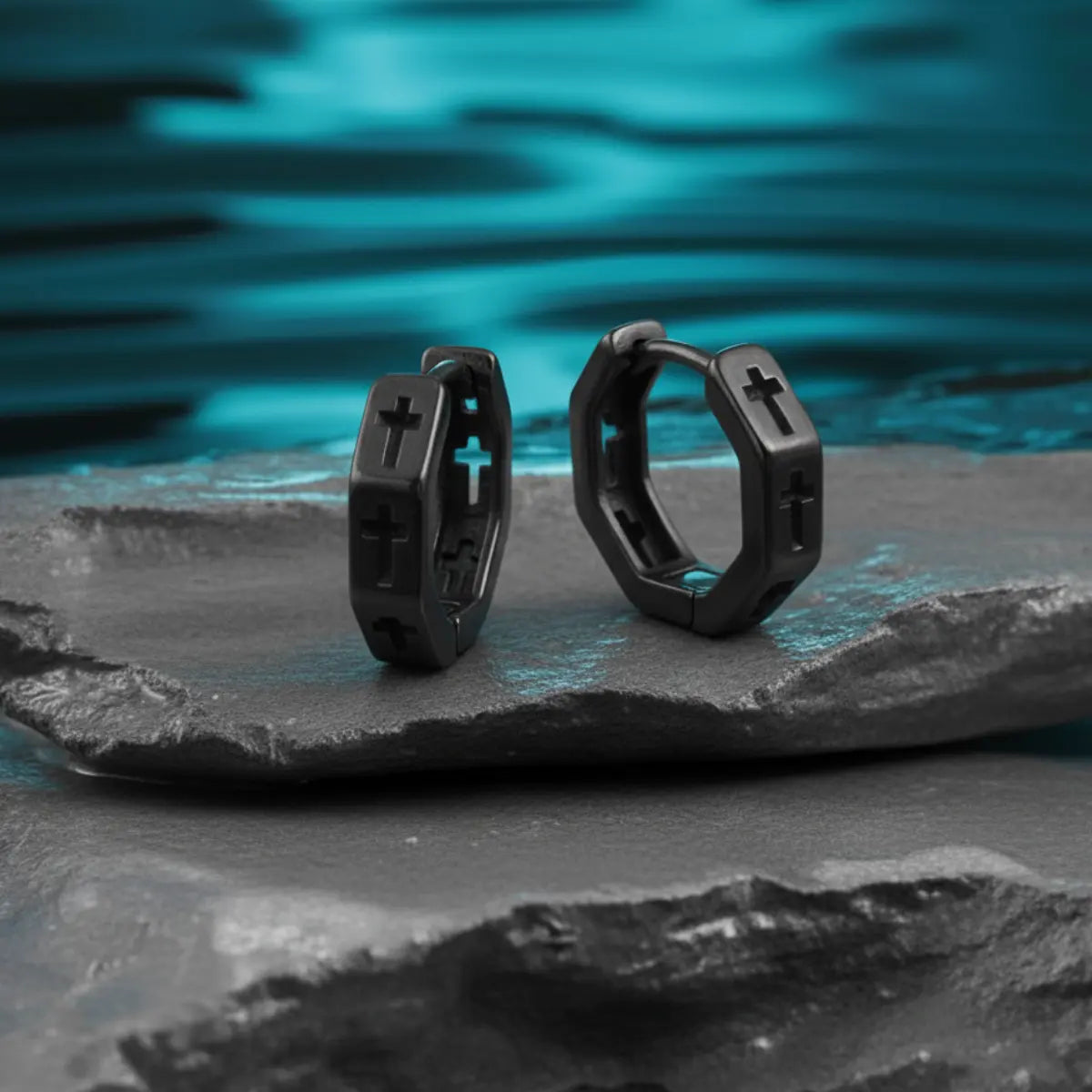 Hexagon Cross Huggie Hoop Earrings Black