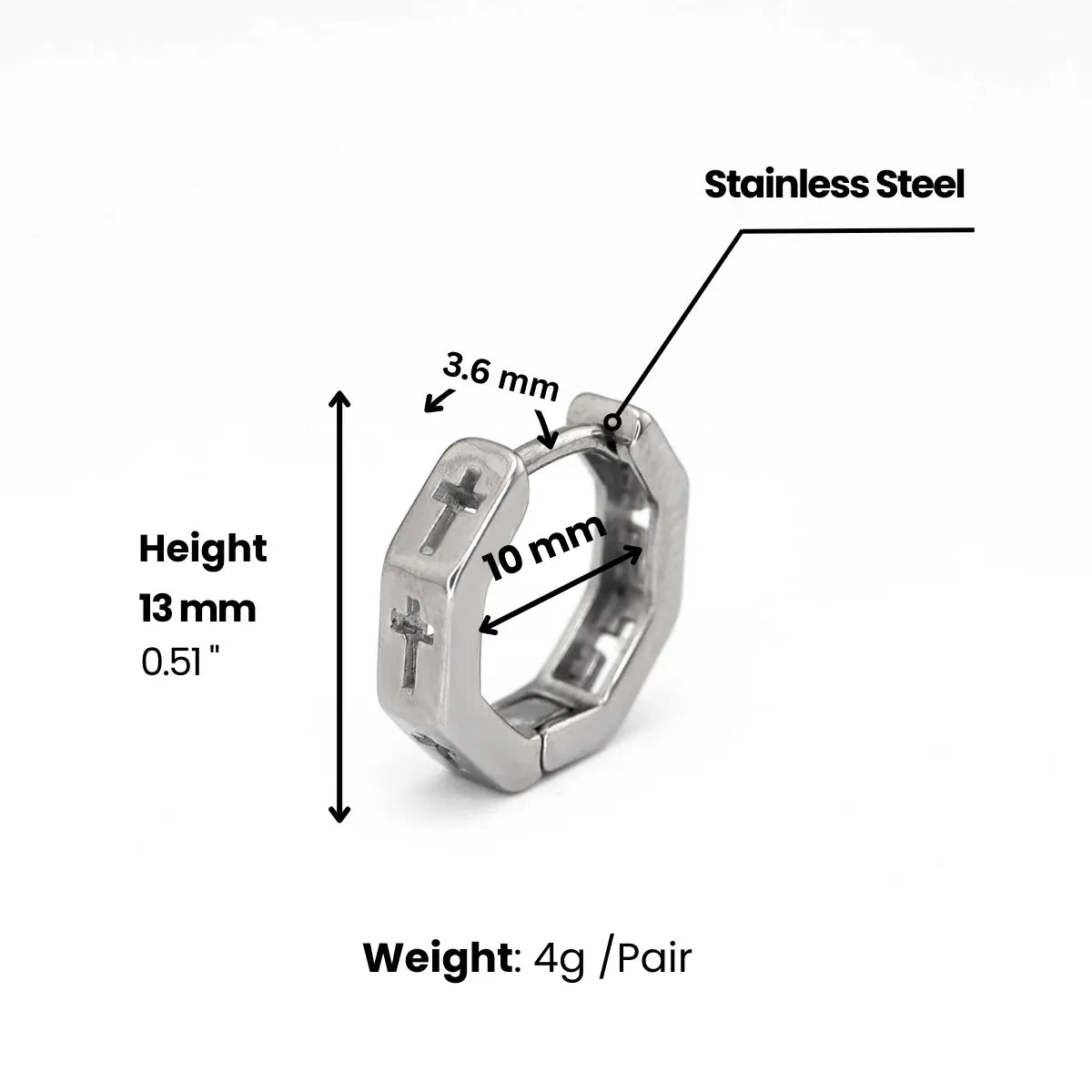 Hexagon Cross Huggie Hoop Earrings Dimensions and Weight