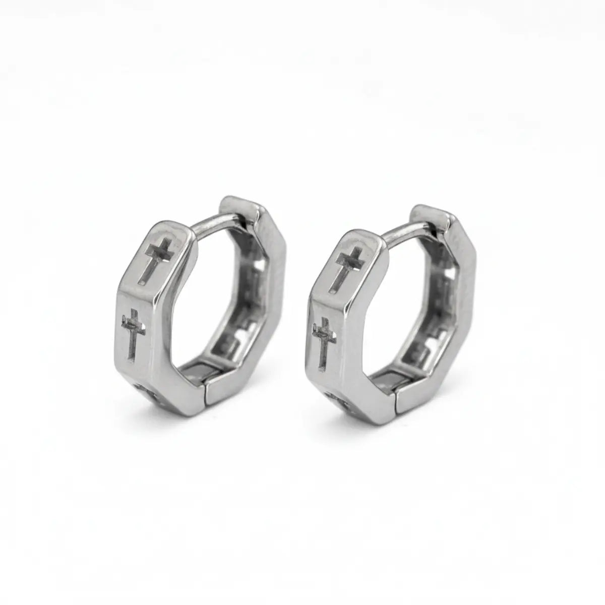Hexagon Cross Huggie Hoop Earrings Silver Front