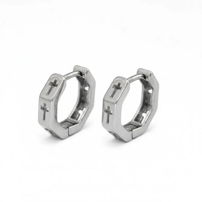 Hexagon Cross Huggie Hoop Earrings Silver Front