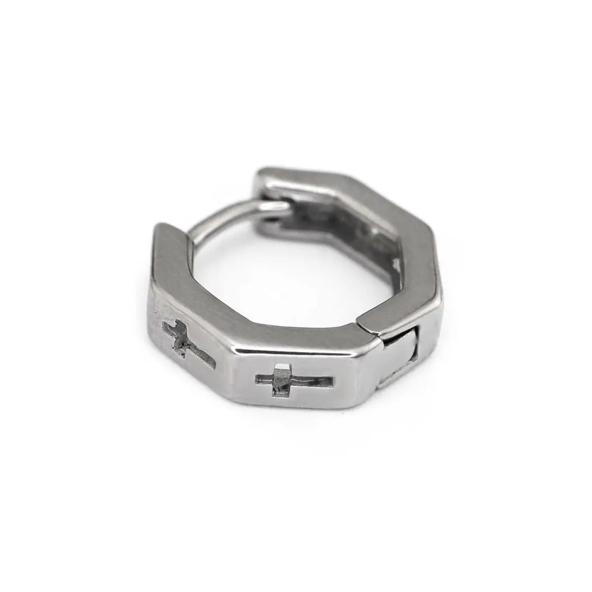 Hexagon Cross Huggie Hoop Earrings Silver Side