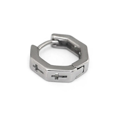 Hexagon Cross Huggie Hoop Earrings Silver Side