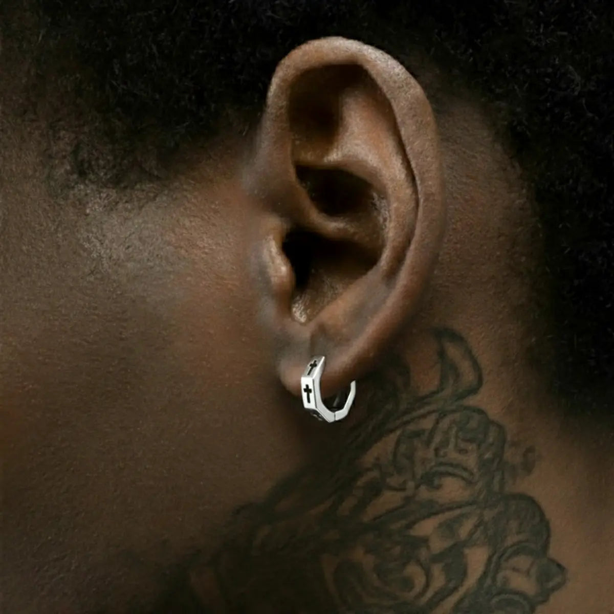 Hexagon Cross Huggie Hoop Earrings Silver Worn by Male Model