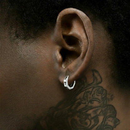 Hexagon Cross Huggie Hoop Earrings Silver Worn by Male Model