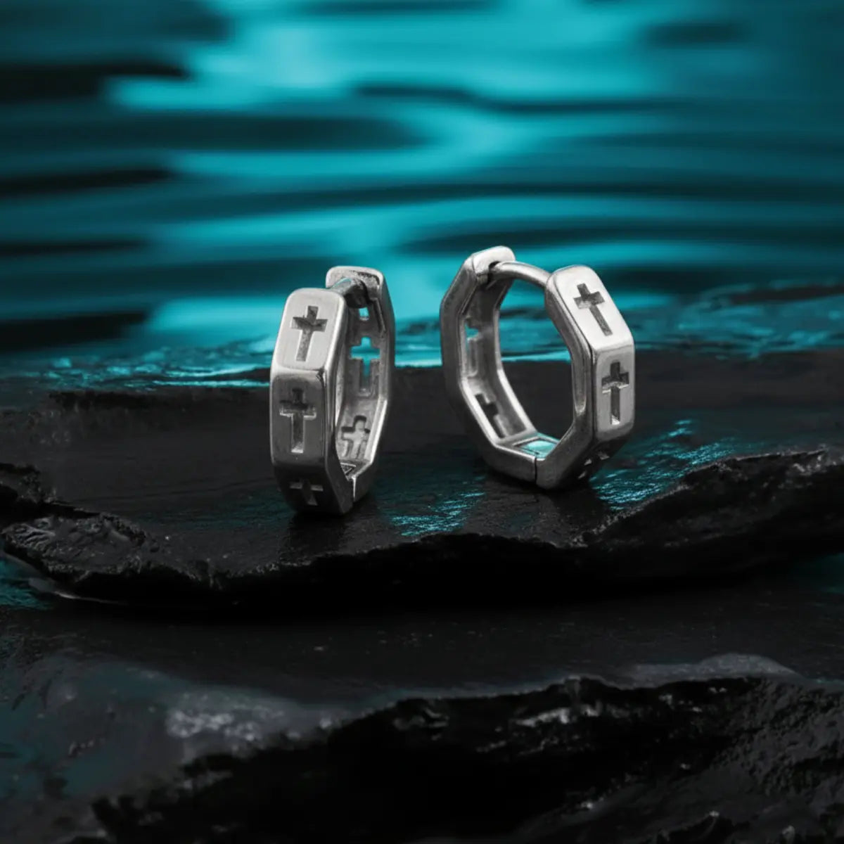 Hexagon Cross Huggie Hoop Earrings Silver