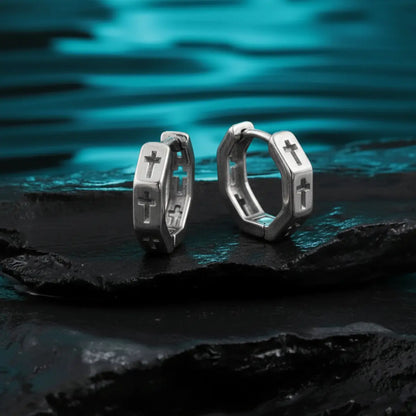 Hexagon Cross Huggie Hoop Earrings Silver