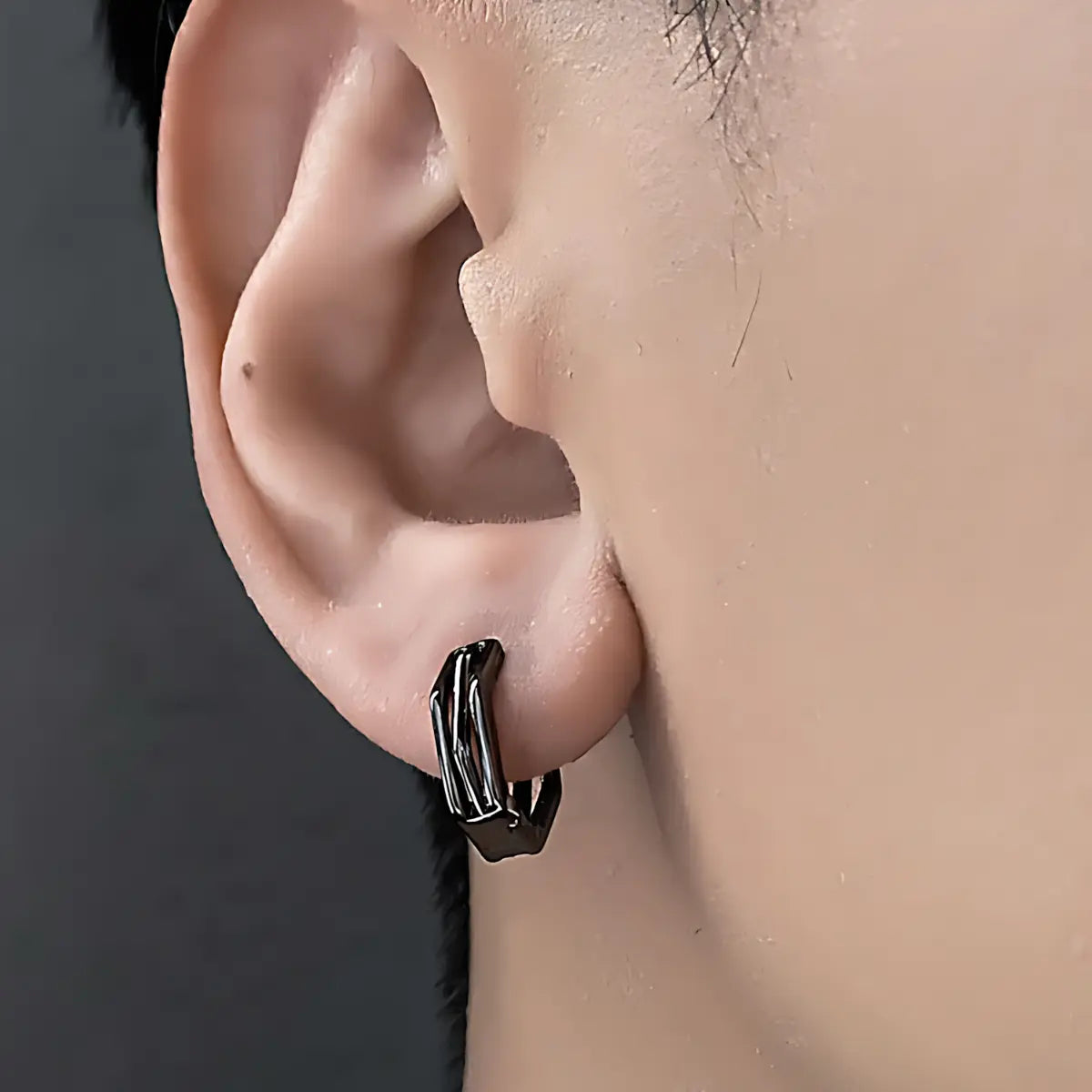 Hexagon Hoop Earrings S925 Black Worn by Male Model Close Up