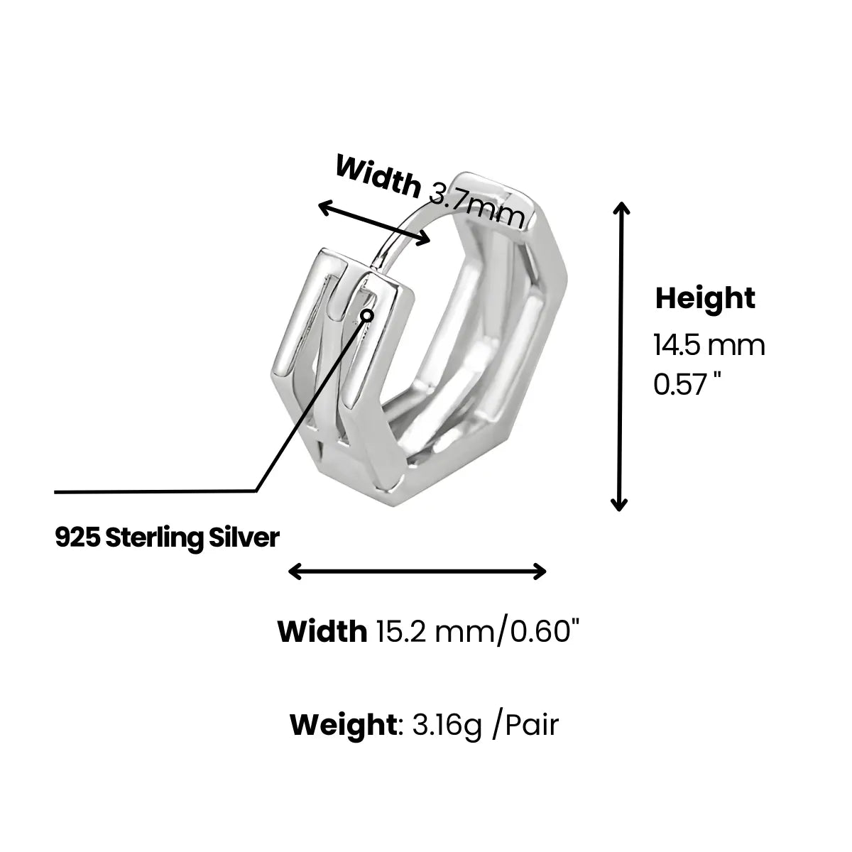 Hexagon Hoop Earrings S925 White Gold Details