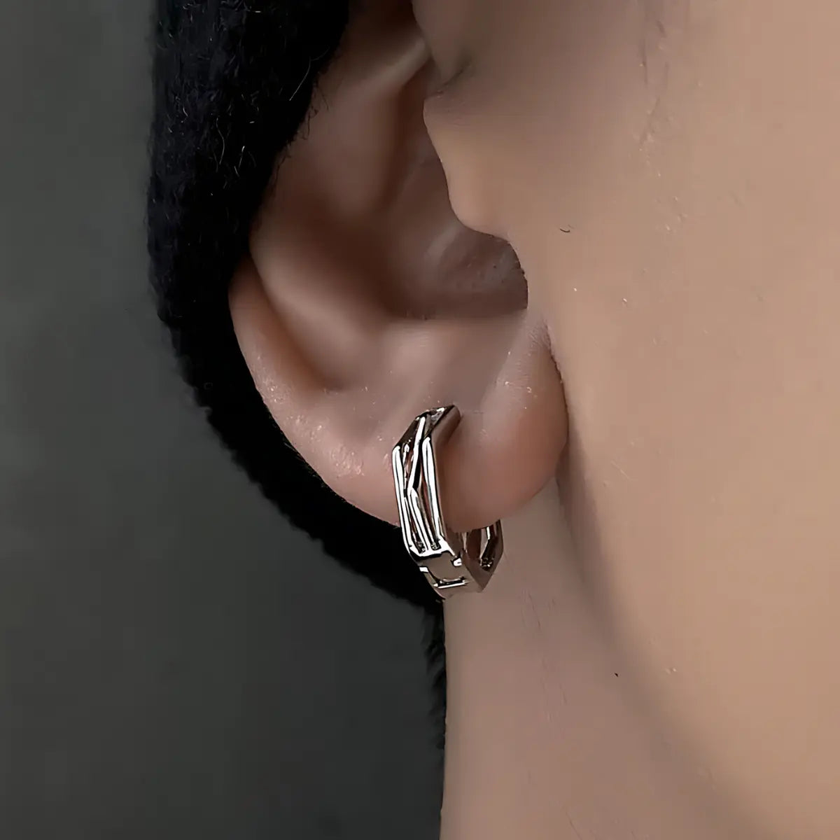 Hexagon Hoop Earrings S925 White Gold Worn by Male Model Close Up