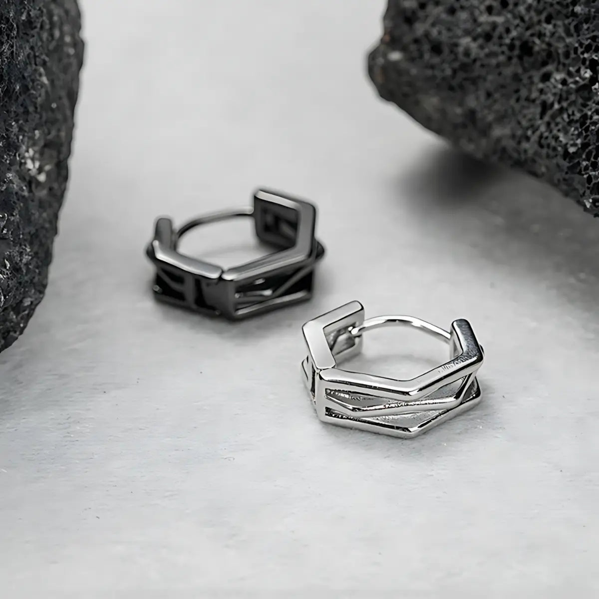 Hexagon Hoop Earrings S925 White Gold and Black