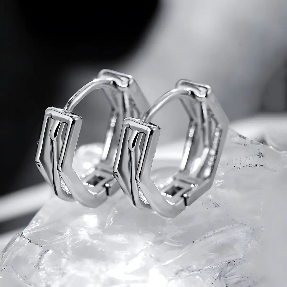 Hexagon Hoop Earrings S925 White Gold