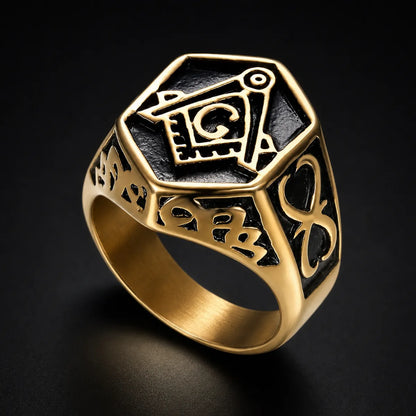 Hexagon Masonic Ring Gold Close Up Black Background