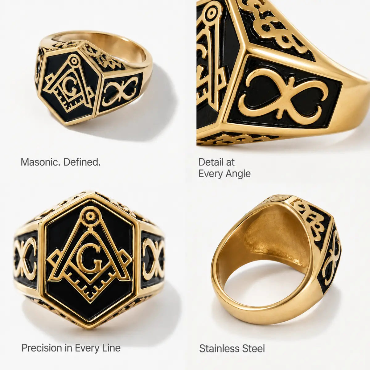 Hexagon Masonic Ring Gold Details and Features Infographic