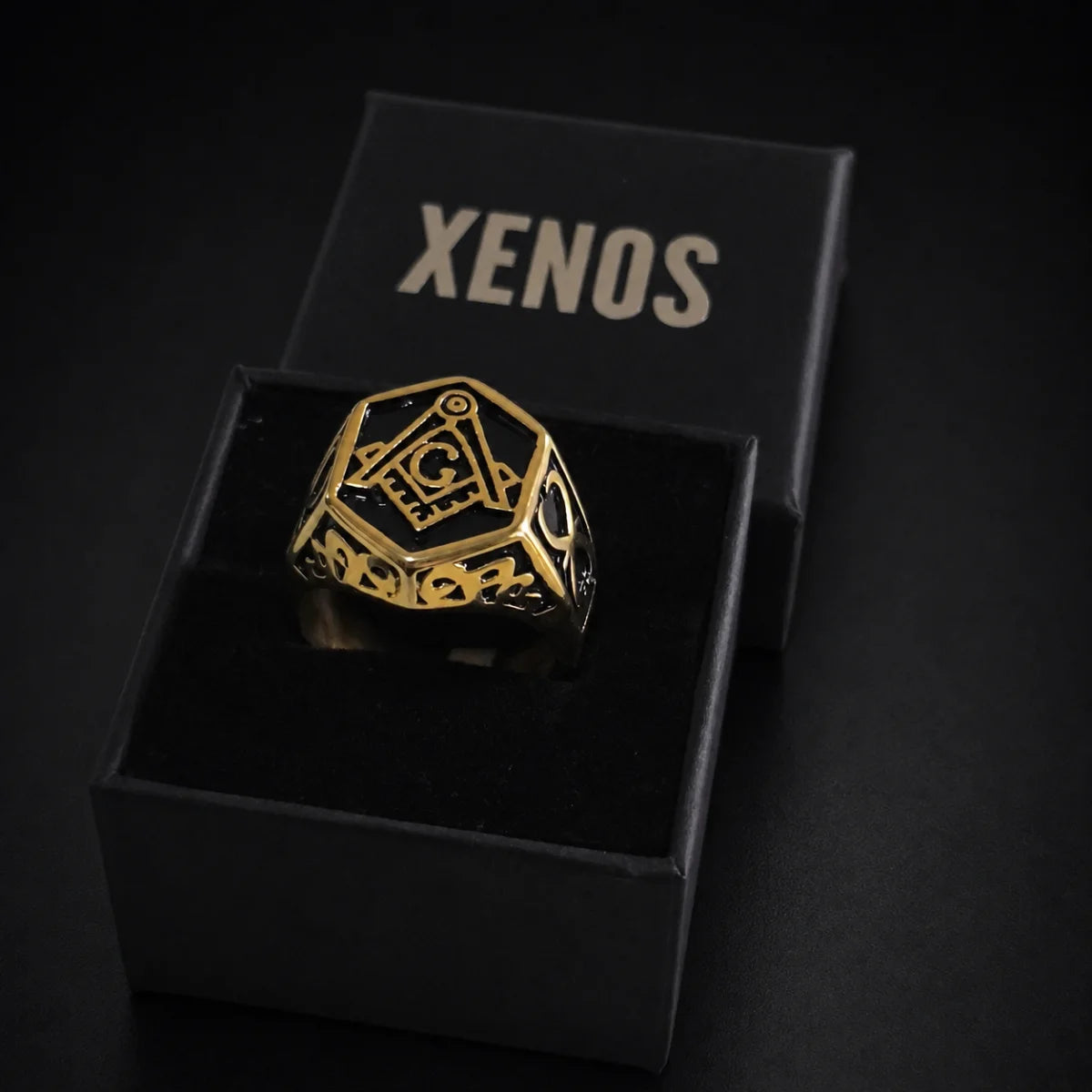 Hexagon Masonic Ring Gold Displayed in Xenos Jewelry Box
