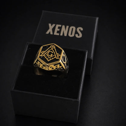 Hexagon Masonic Ring Gold Displayed in Xenos Jewelry Box