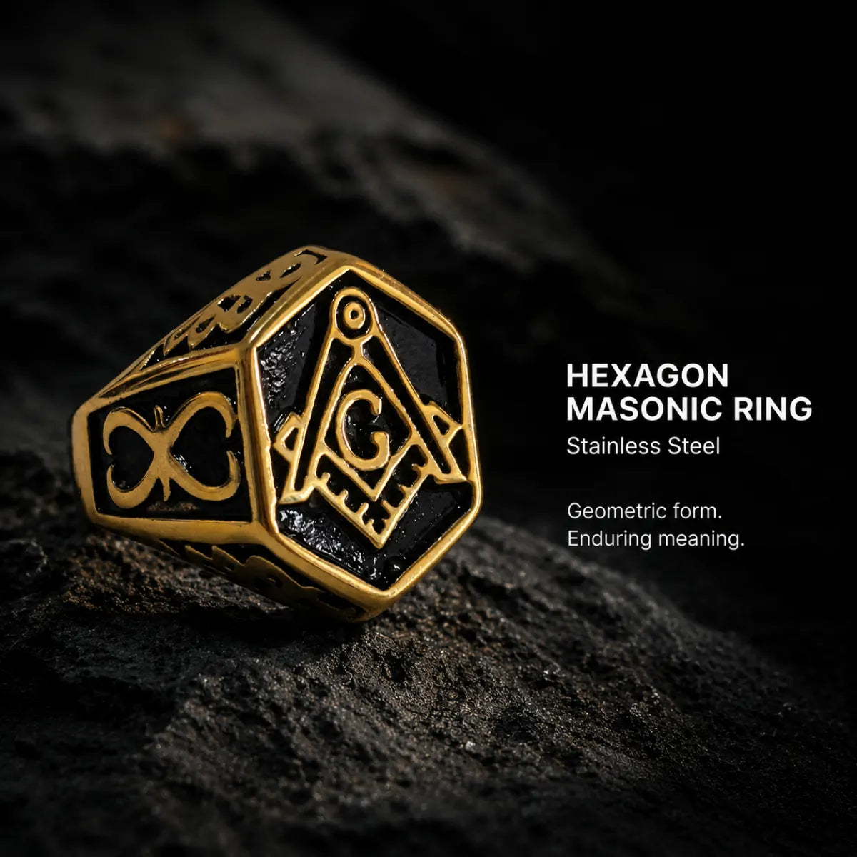Hexagon Masonic Ring Gold Displayed on Stone Surface