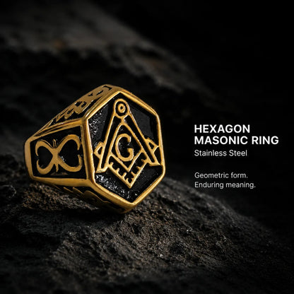 Hexagon Masonic Ring Gold Displayed on Stone Surface