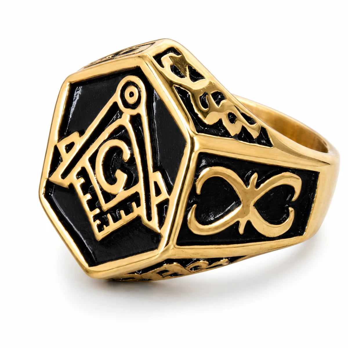 Hexagon Masonic Ring Gold Front View White Background