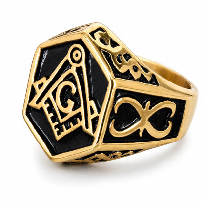 Hexagon Masonic Ring Gold Front View White Background