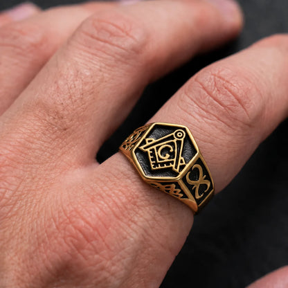 Hexagon Masonic Ring Gold Worn on Hand Close Up
