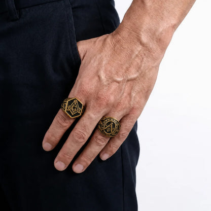 Hexagon Masonic Ring Gold and Master Mason Degree Ring Gold Worn on Hand Close Up