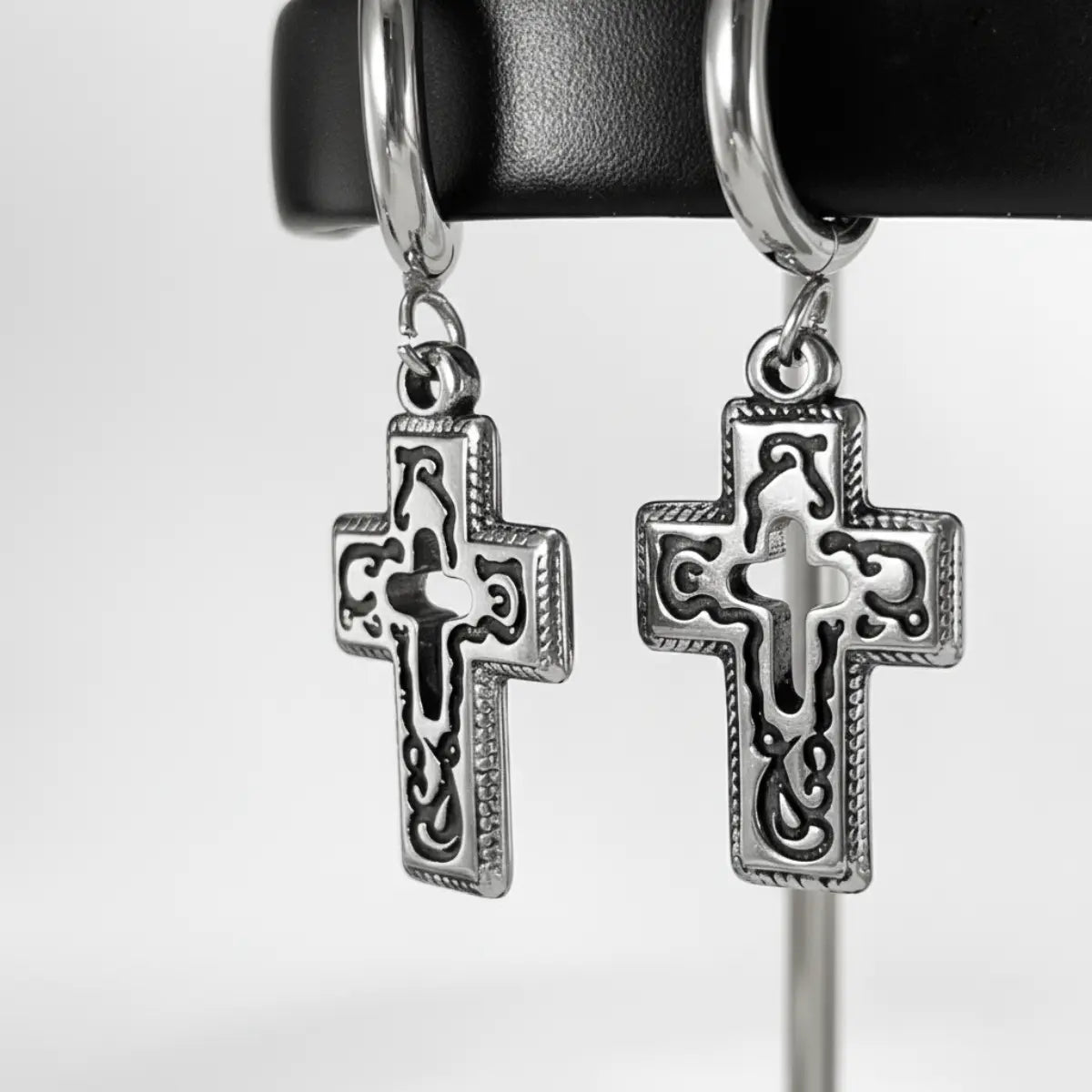 Hollow Cross Dangle Hoop Earrings Close Up Details