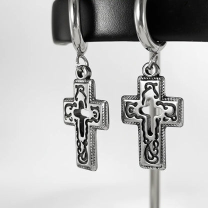 Hollow Cross Dangle Hoop Earrings Close Up Details