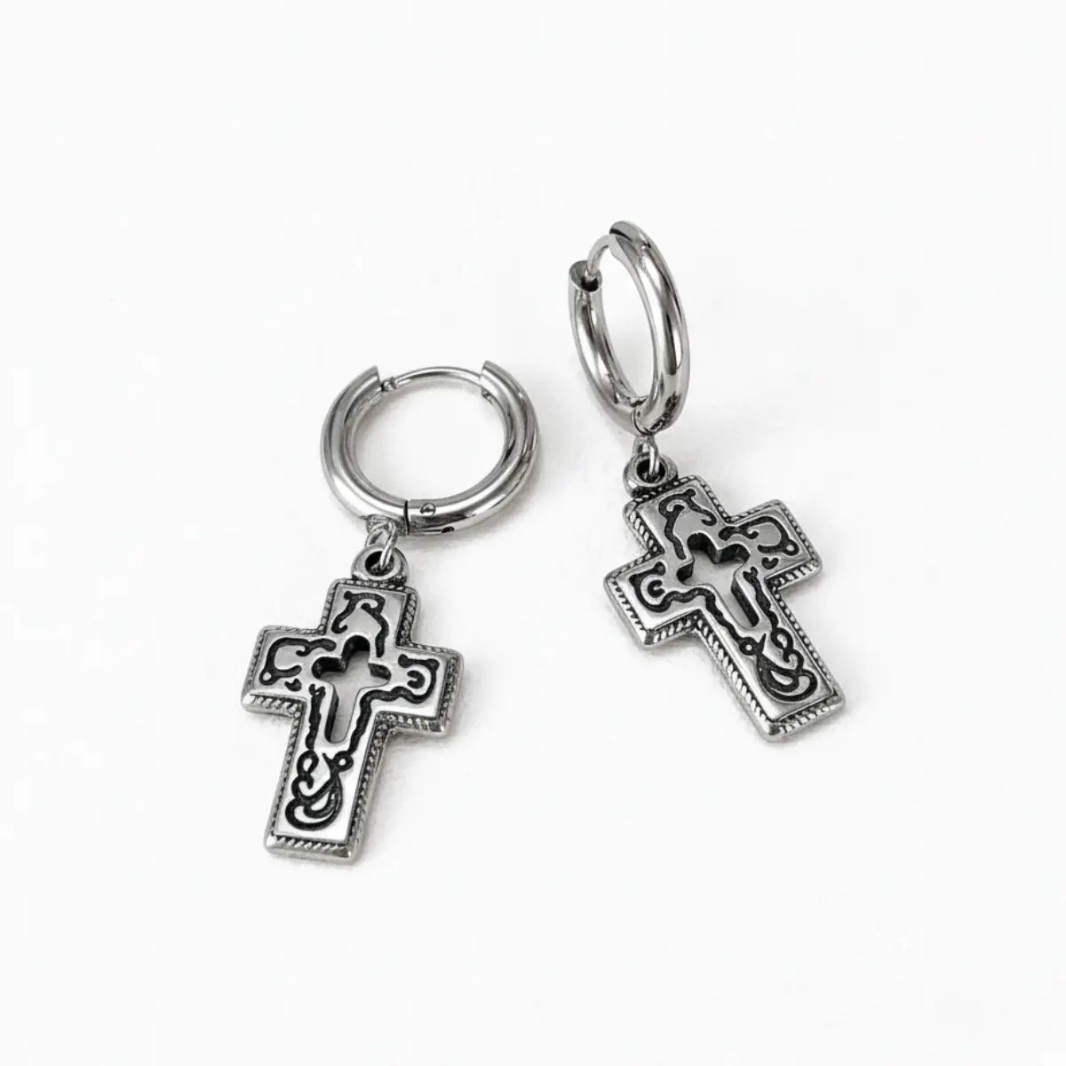 Hollow Cross Dangle Hoop Earrings Front