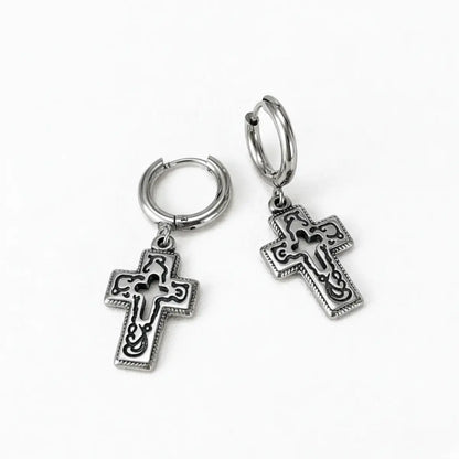 Hollow Cross Dangle Hoop Earrings Front