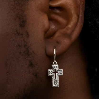 Hollow Cross Dangle Hoop Earrings Worn by Male Model Side