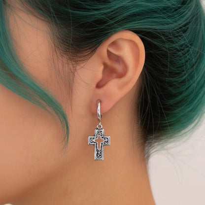 Hollow Cross Dangle Hoop Earrings Worn by Female Model Side