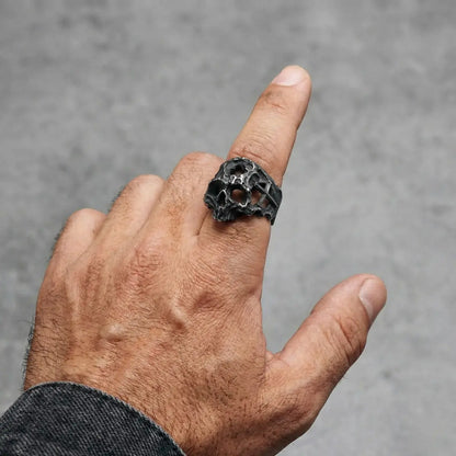 Hollow Cross Skull Ring Worn by Male Model Close Up