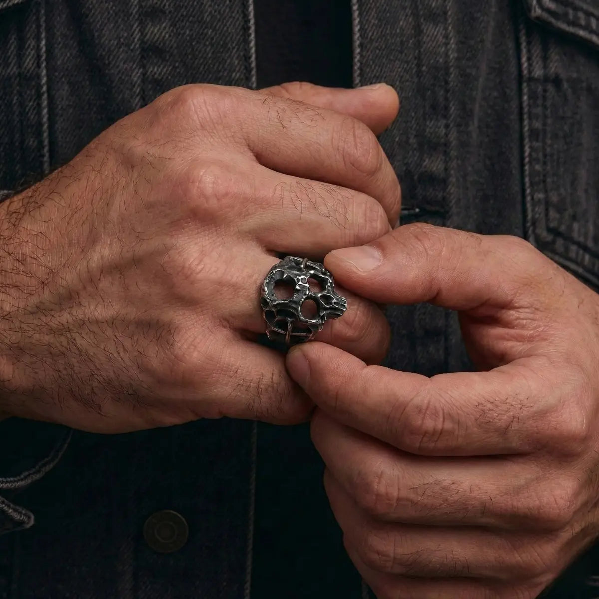 Hollow Cross Skull Ring Worn by Male Model