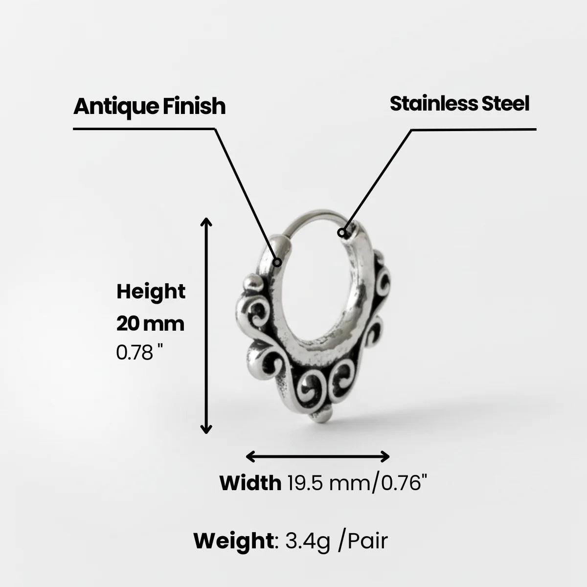 Hollow Scrollwork Hoop Earrings Dimensions and Weight