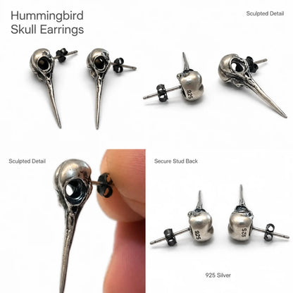 Hummingbird Skull Earrings Silver Multi Angle Product Feature Showcase