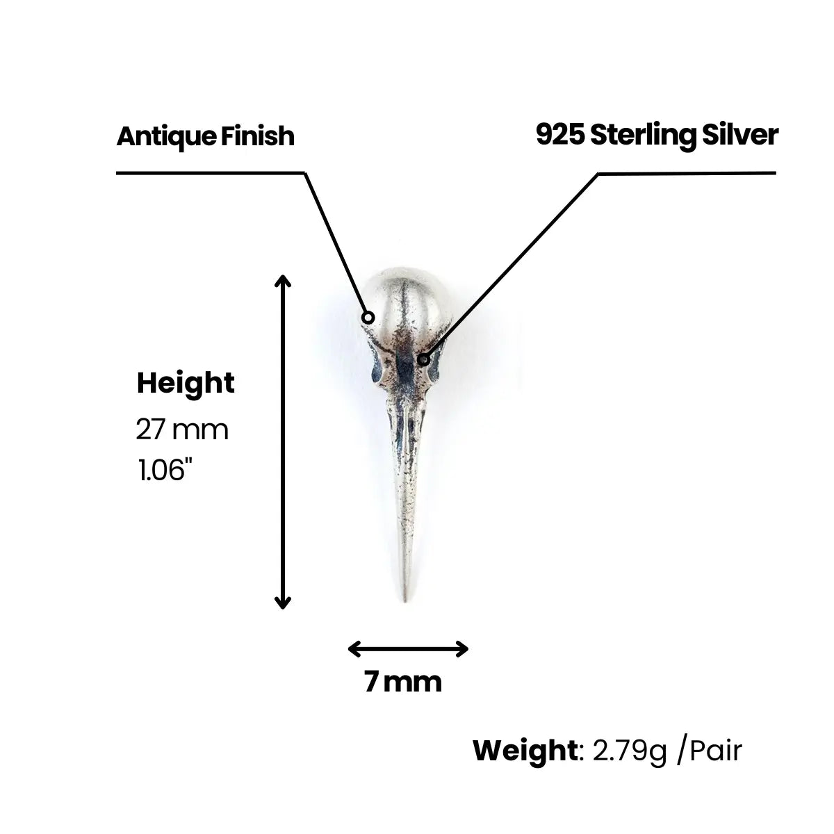 Hummingbird Skull Earrings Sterling Silver Dimensions and Weight