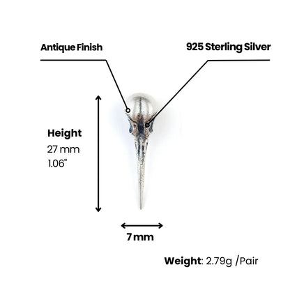 Hummingbird Skull Earrings Sterling Silver Dimensions and Weight