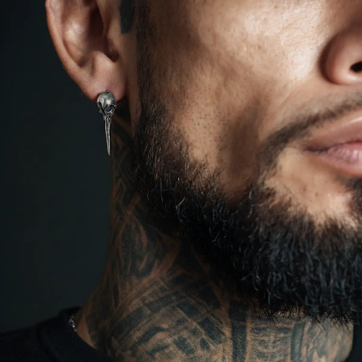 Hummingbird Skull Earrings Sterling Silver Worn by Male Model