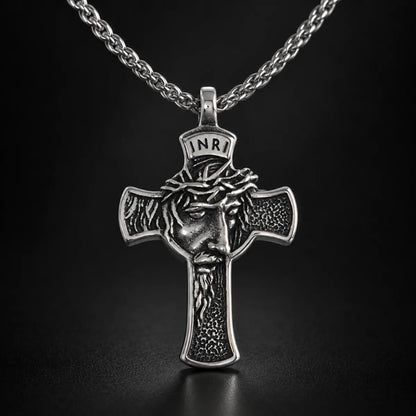 INRI Face of Jesus Cross Pendant Antique Silver Close Up Black Background