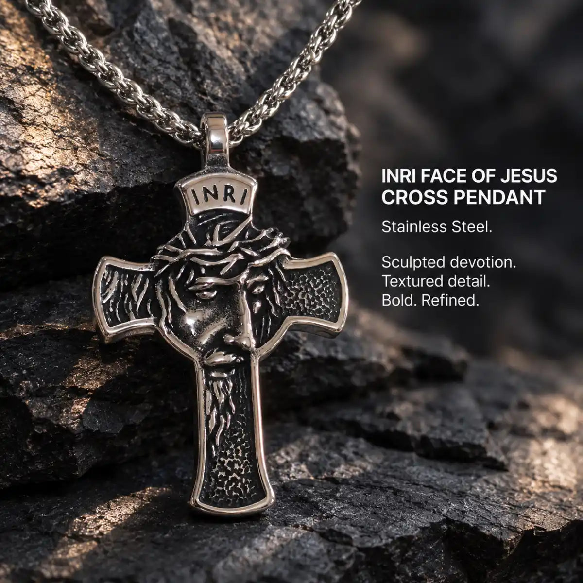 INRI Face of Jesus Cross Pendant Antique Silver Displayed on Stone Surface