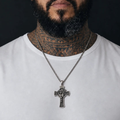 INRI Face of Jesus Cross Pendant Antique Silver Worn by Male Model Chest View
