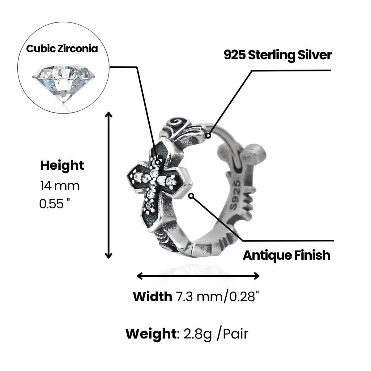 Iced Out Cross Huggie Hoop Earrings Dimensions and Weight
