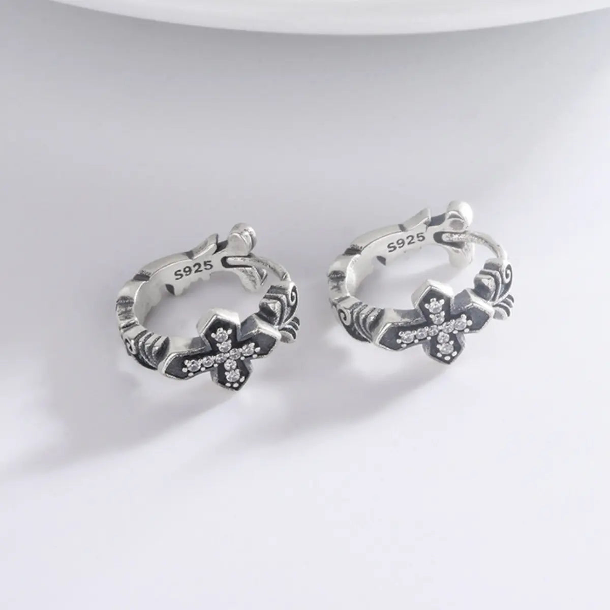 Iced Out Cross Huggie Hoop Earrings Side