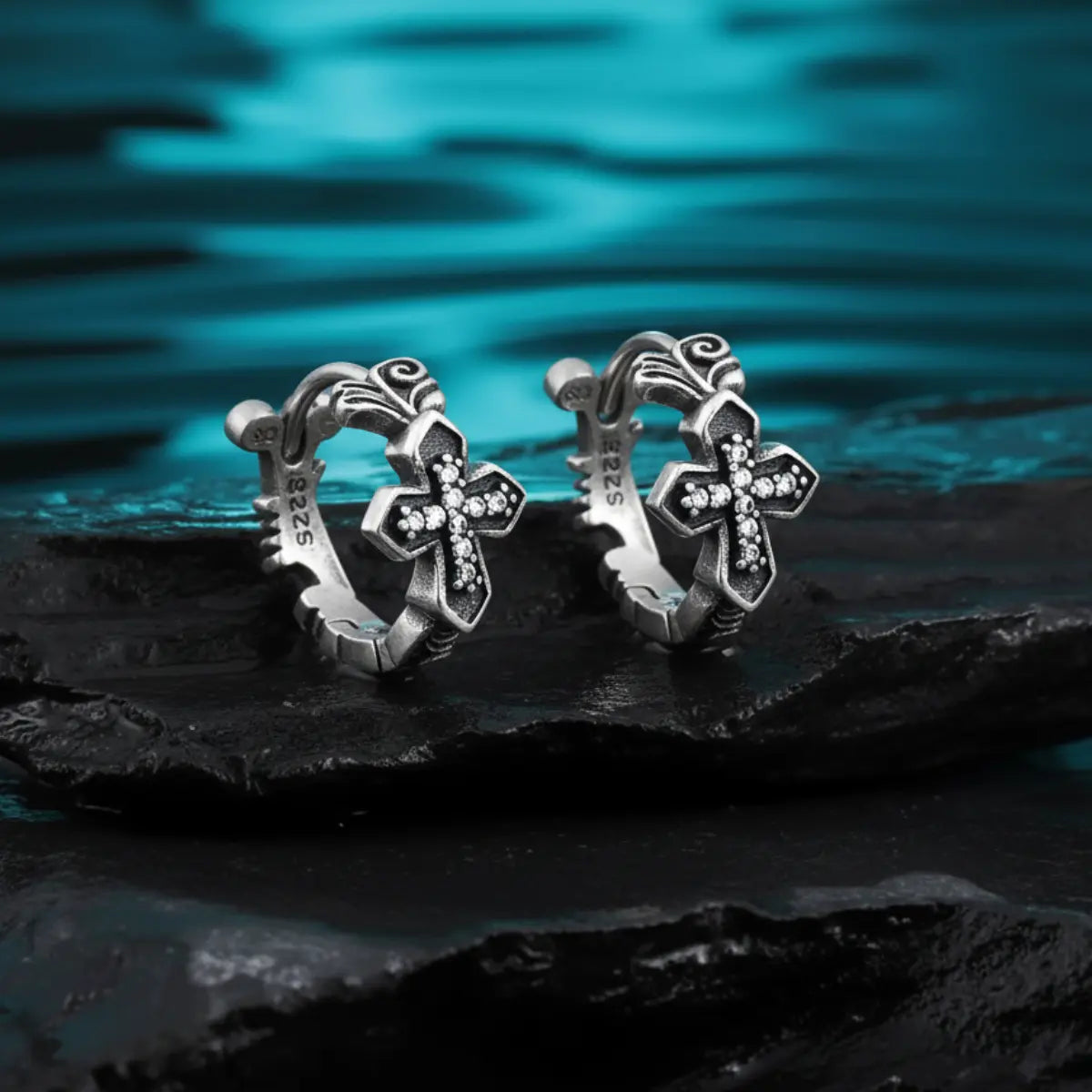 Iced Out Cross Huggie Hoop Earrings