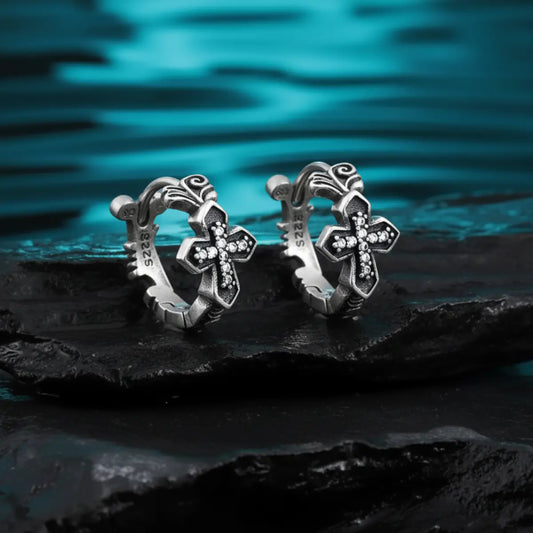 Iced Out Cross Huggie Hoop Earrings