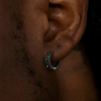 Iced Out Spikelet Hoop Earrings Black Worn by Male Model Side