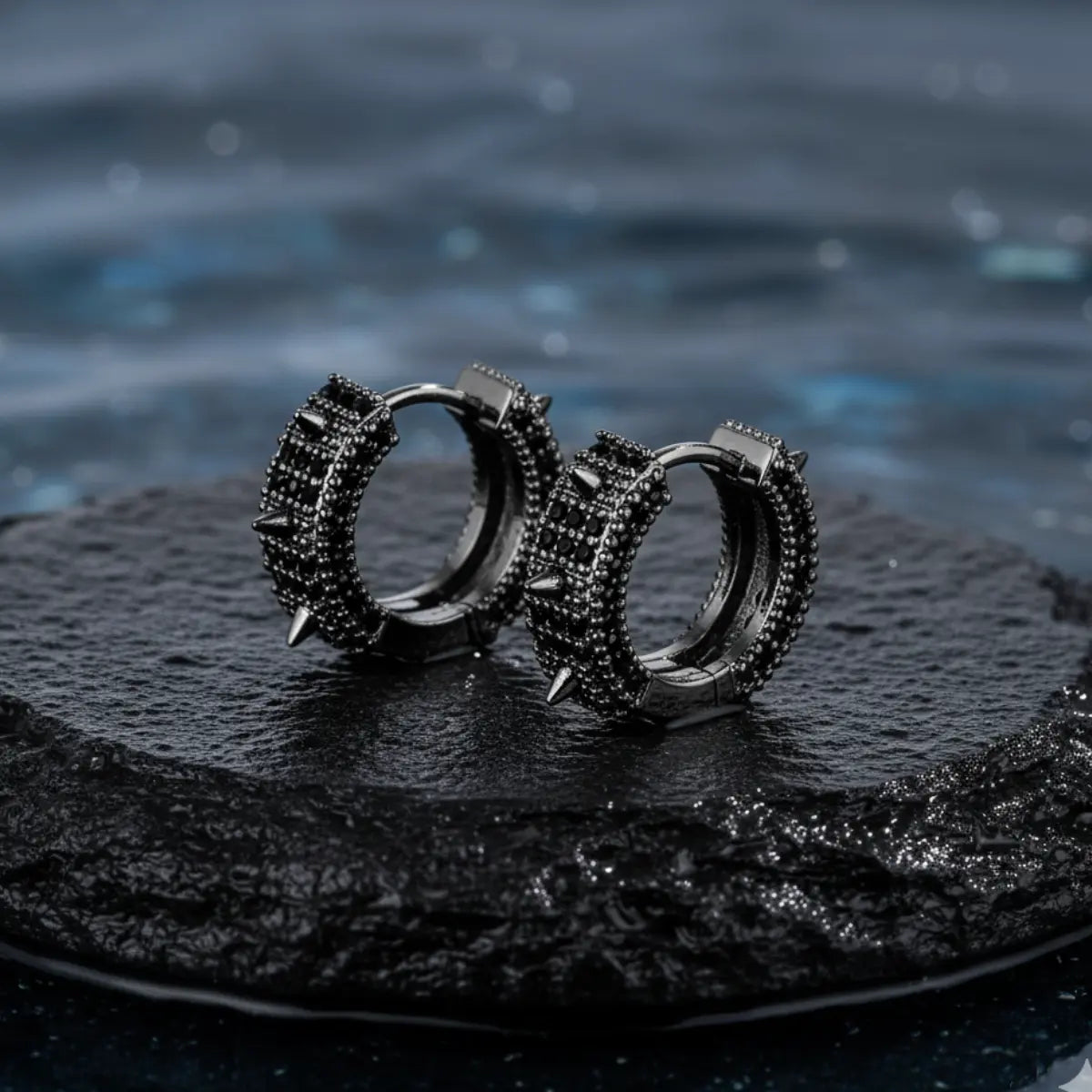 Iced Out Spikelet Hoop Earrings Black